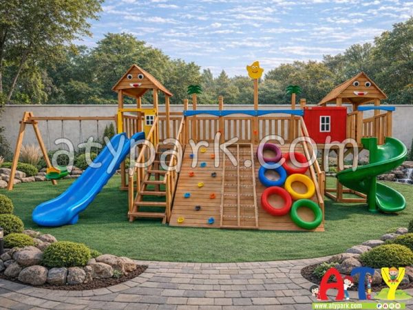anaokulu ve kreş bahçesi için ahşap palmiye oyun parkı salıncaklı çocuk parkı modeli